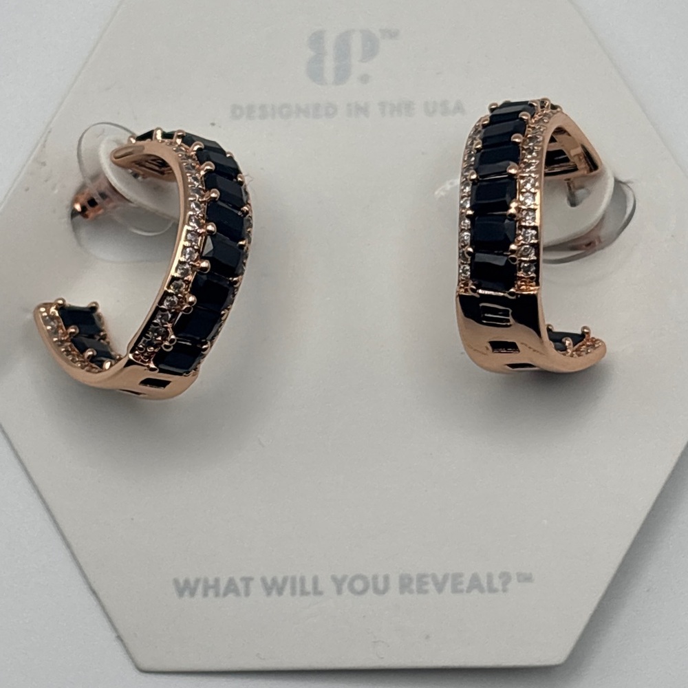 Rose Gold Hoop Earrings with Black Stones